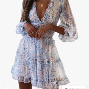 Dokotoo Summer Deep V Neck Ruffle Floral Flowy Mini Dress